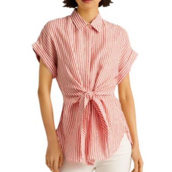 Lauren Ralph Lauren Tie Front Linen Button Up Shirt US Women's 1X Plus - Picture 1 of 7
